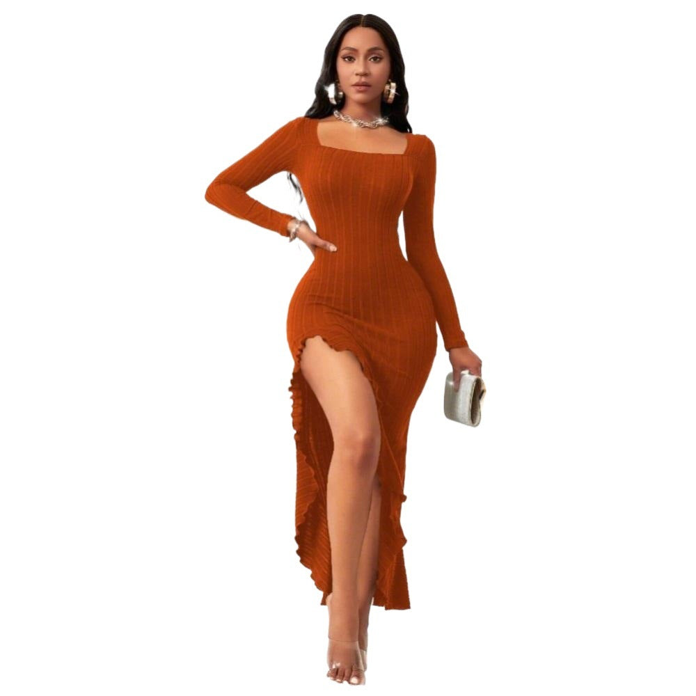 Damen figurbetontes geripptes Maxikleid mit Quadratausschnitt langen Ärmeln und asymmetrischem Volant‑Schlitz Shop Nory