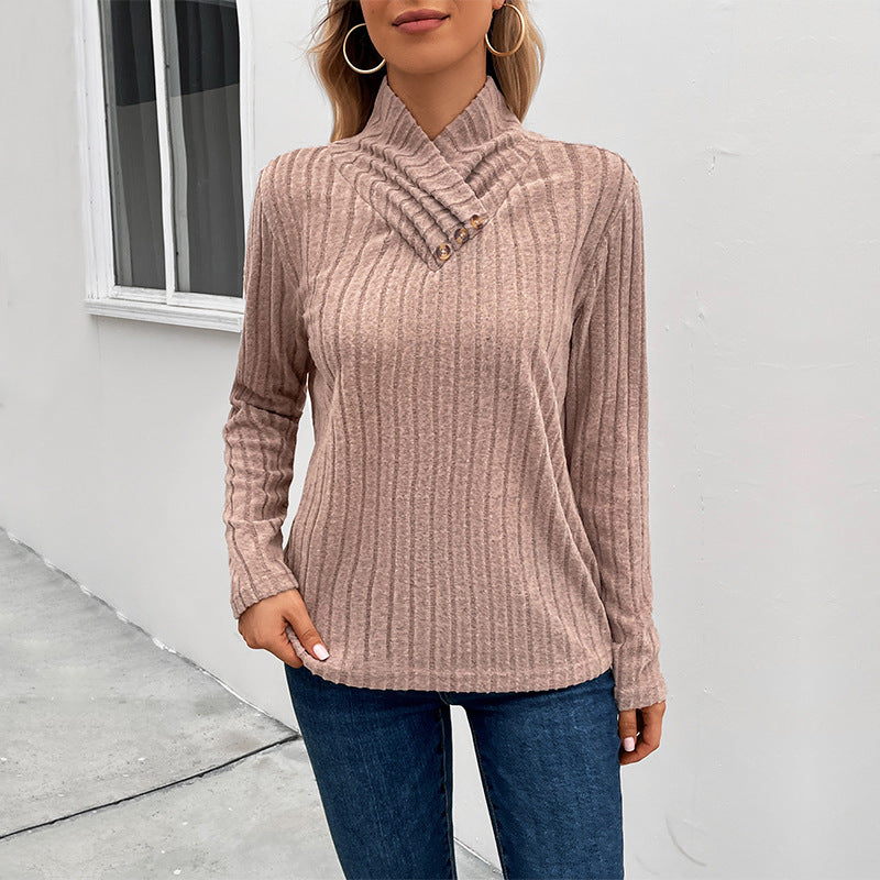 Damen Gerippter Feinstrickpullover mit überlappendem Stehkragen Shop Nory