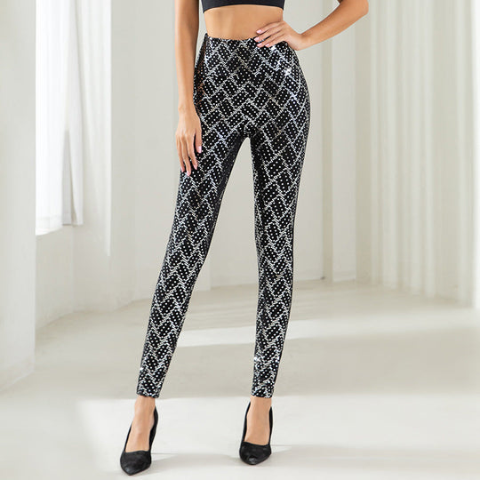 Damen Hochglänzende Leggings mit modernem Wellenmuster und hohem Bund