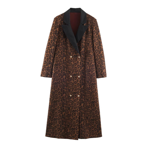 Damen Doppelreihiger Mantel mit Leopardenmuster und Satin-Schalkragen Shop Nory