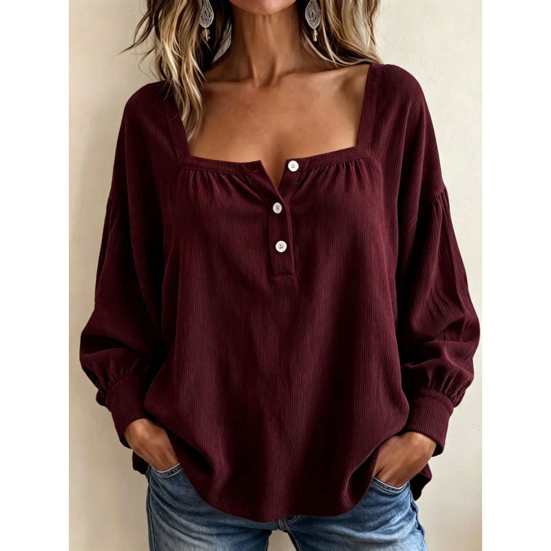 Damen Langärmeliges Rippstruktur-Henleyshirt mit quadratischem Ausschnitt Shop Nory