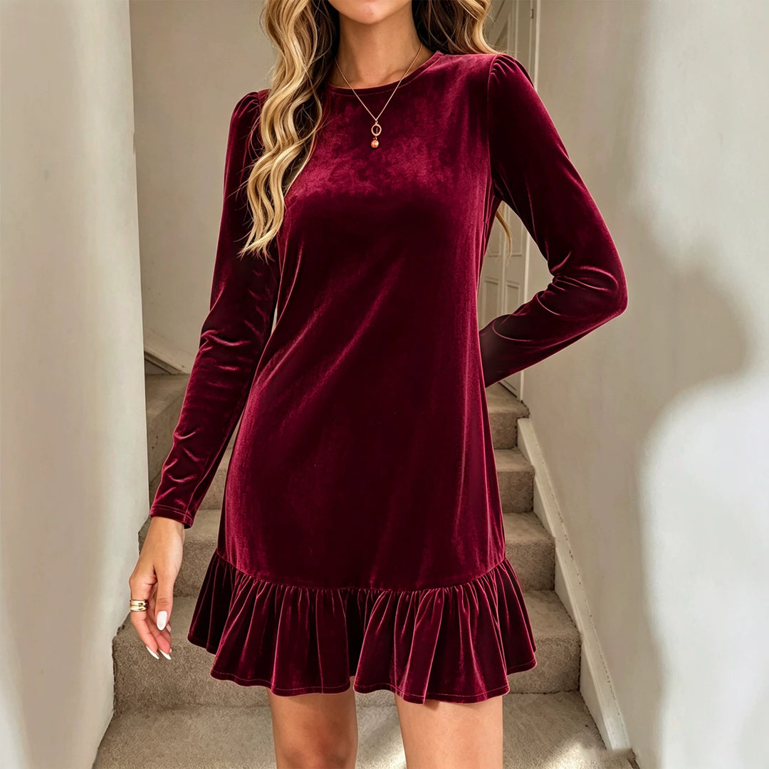 Damen Samt-Minikleid mit langen Ärmeln gerafftem Volantsaum und Puffschultern Shop Nory