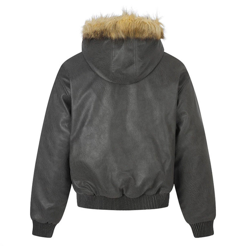 Damen Kunstleder-Bomberjacke mit Kapuze, Kunstfellbesatz und dekorativen Nieten Shop Nory