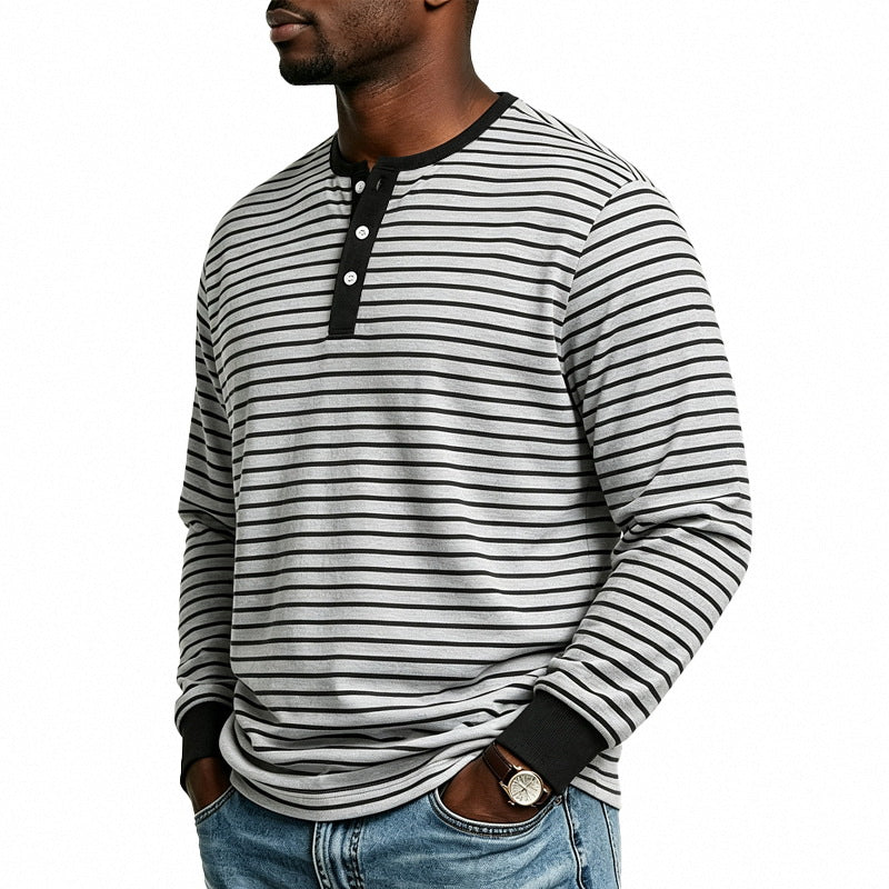 Herren Gestreiftes Langarm-Henleyshirt aus Baumwollmischung mit Knopfleiste Shop Nory