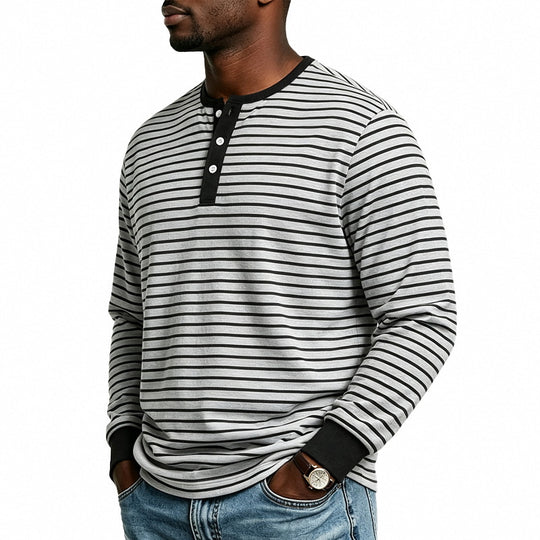 Herren Gestreiftes Langarm-Henleyshirt aus Baumwollmischung mit Knopfleiste Shop Nory