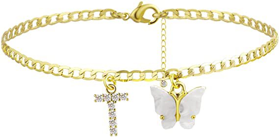 Damen Fußkettchen mit eleganten Glitzer- und Schmetterlingsanhängern Shop Nory
