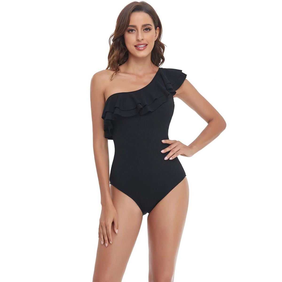 Damen Einteiler Badeanzug mit asymmetrischem Rüschendesign