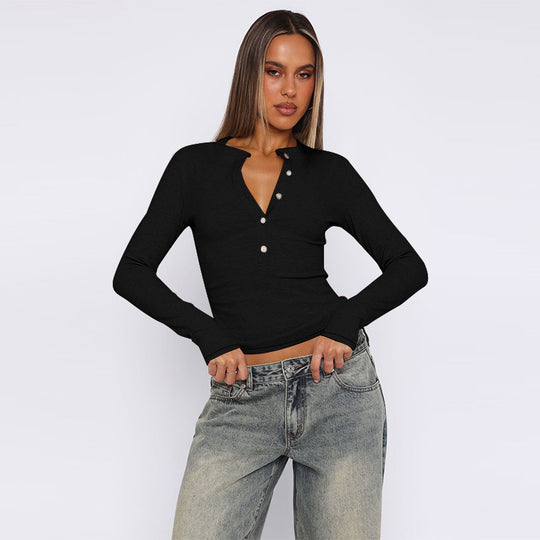 Damen Figurbetontes geripptes Henley-Longsleeve mit Knopfleiste Shop Nory