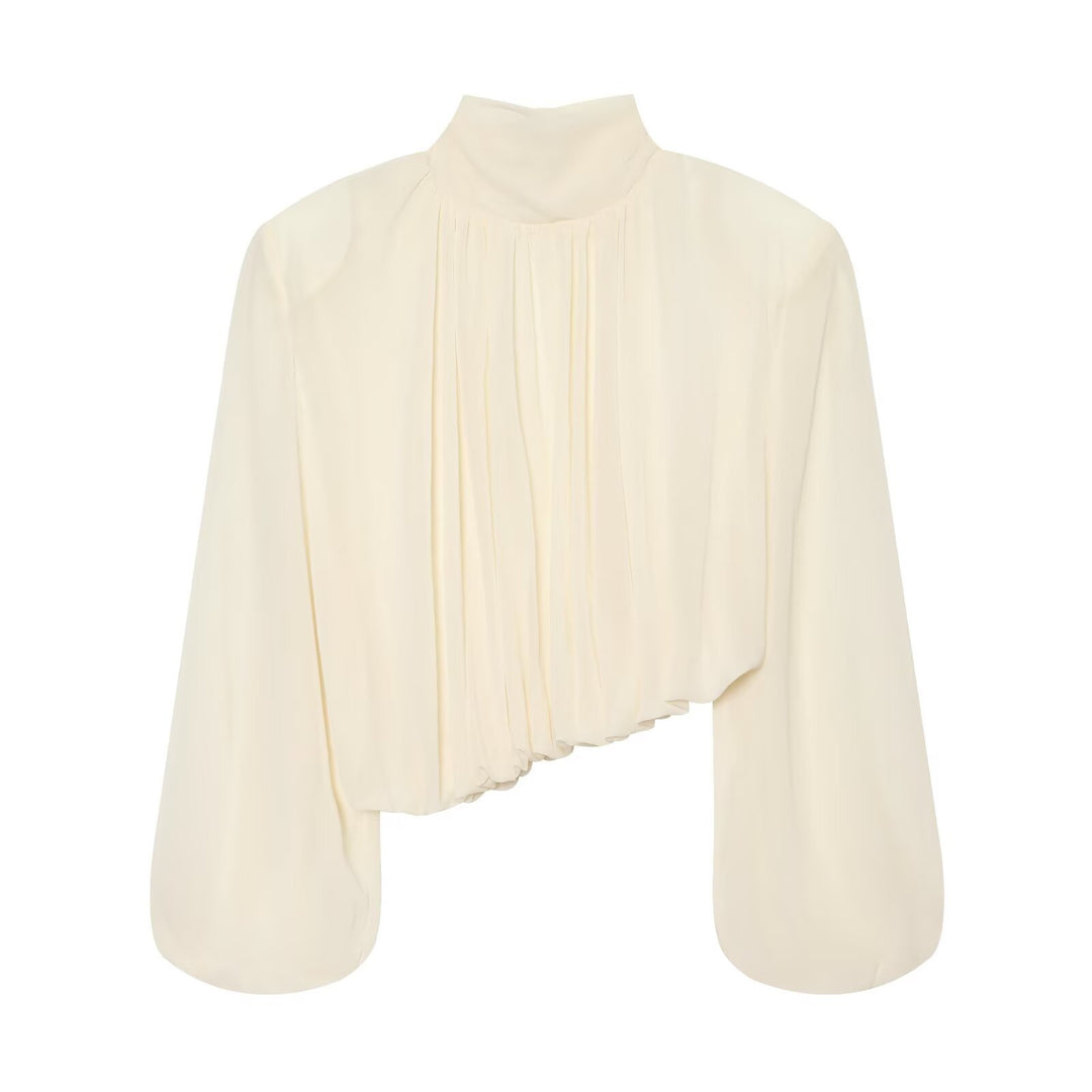 Damen Plissierte Bluse mit Stehkragen und Ballonärmeln Shop Nory
