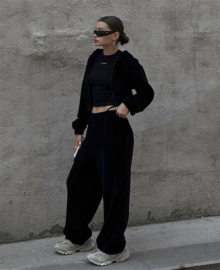 Damen Cropped-Samt-Trainingsset mit verkürzter Reißverschluss-Kapuzenjacke und fließender Palazzo-Jogginghose Shop Nory