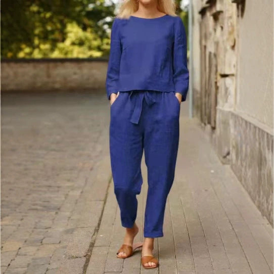 Damen Lässiges Leinen-Loungewear-Set mit Rundhalsausschnitt, Bindegürtel und knöchellanger Hose Shop Nory