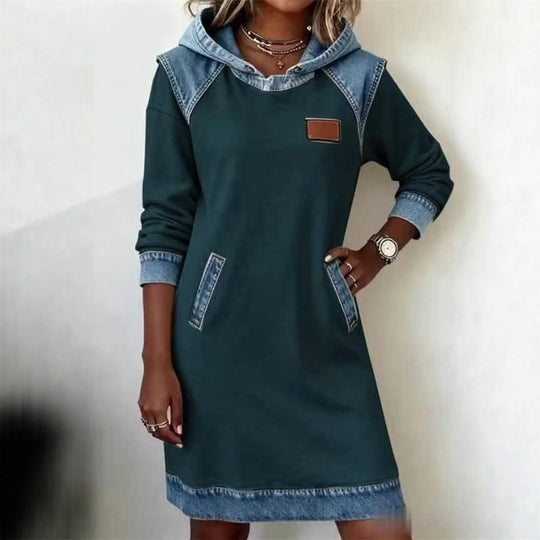 Damen nan Kapuzen-Sweatkleid mit Jeans-Applikationen, Kängurutaschen und lässigem Schnitt Shop Nory