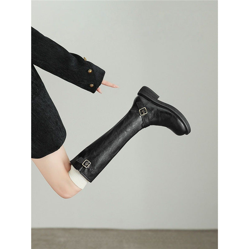 Damen Kniehohe Lederoptik-Stiefel mit verstellbaren Zierschnallen Shop Nory
