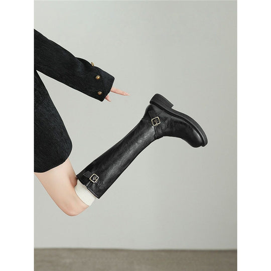Damen Kniehohe Lederoptik-Stiefel mit verstellbaren Zierschnallen Shop Nory