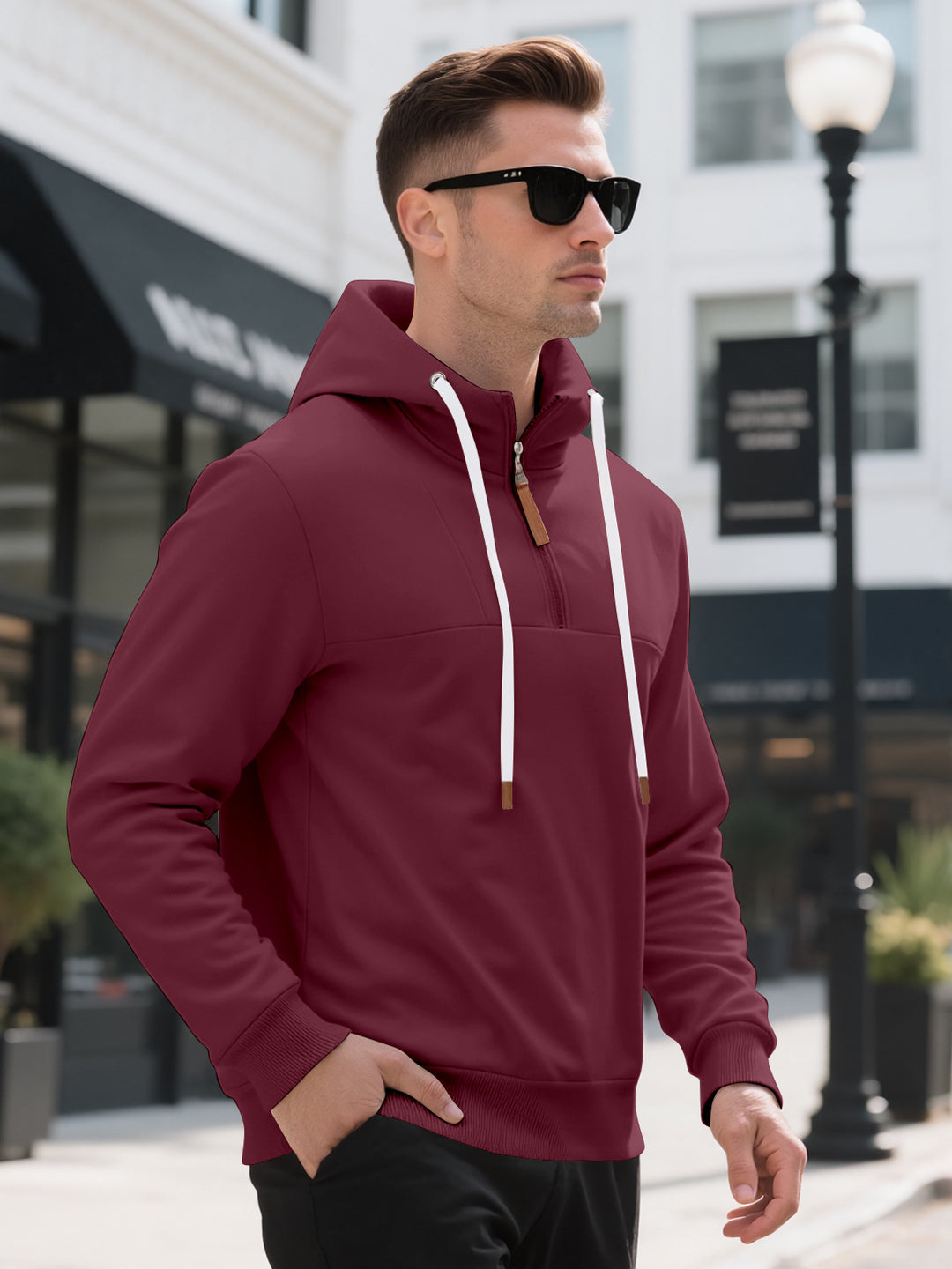 Herren Halbzip-Kapuzenpullover mit Stehkragen, Kordelzug und Lederdetails Shop Nory