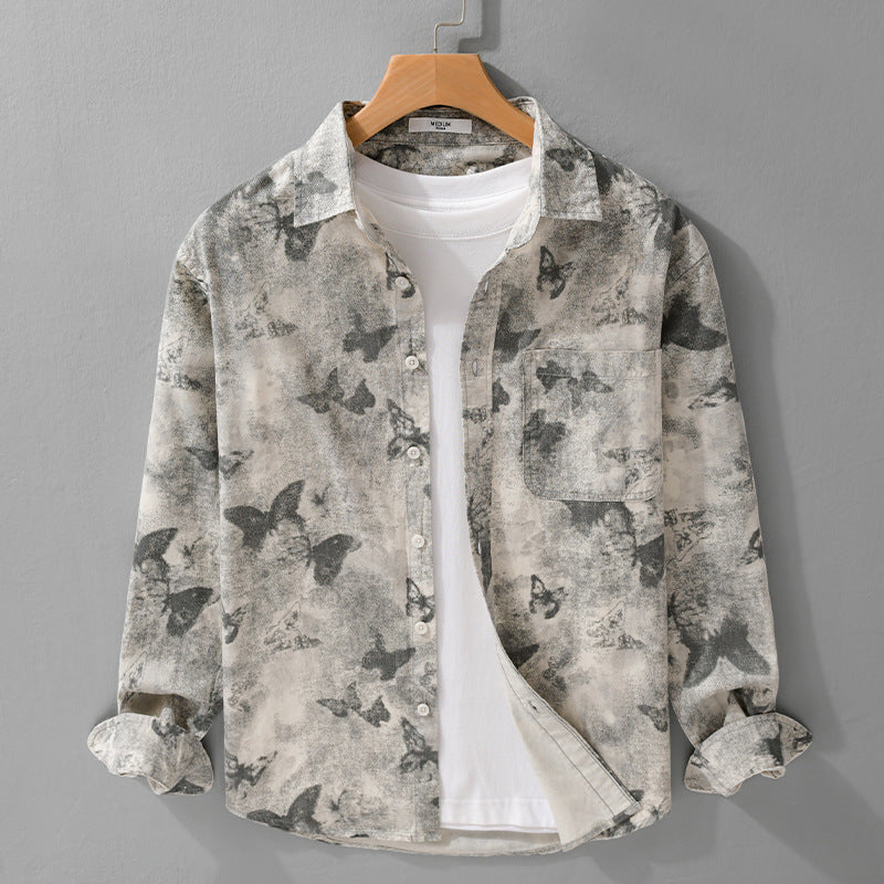 Herren Leichtes Leinenmix-Hemd mit Aquarell-Schmetterlingsprint und Brusttasche Shop Nory