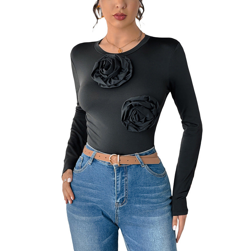 Damen Langärmliger Sculpting-Body mit 3D-Rosen-Applikationen Shop Nory