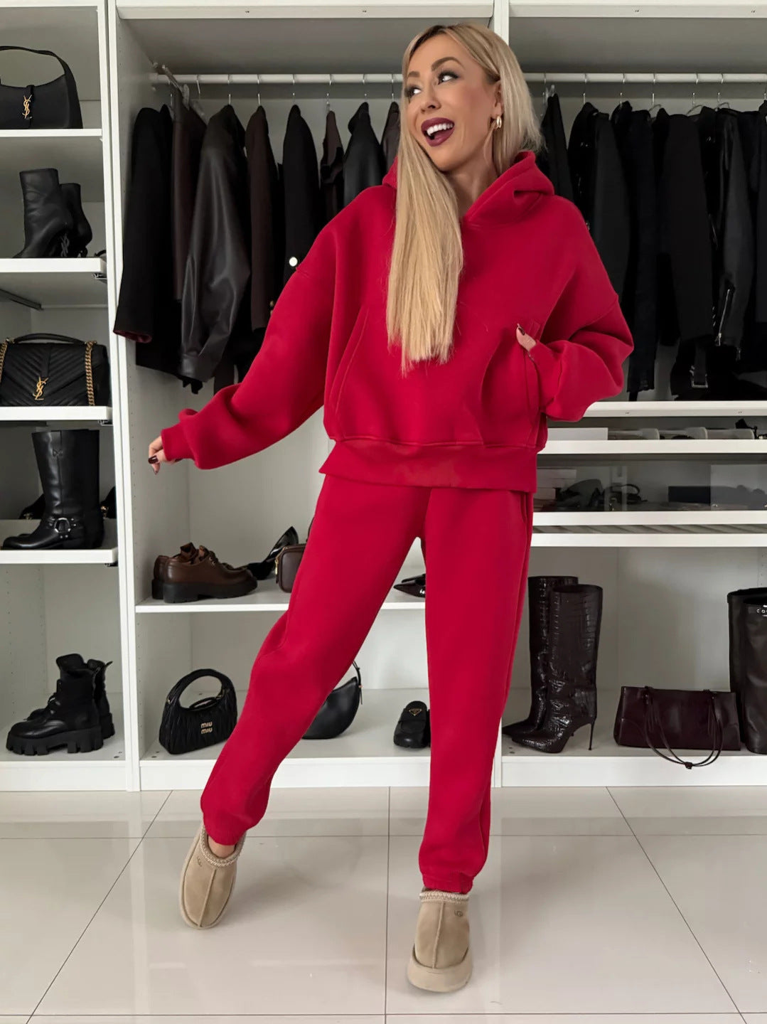 Damen Kurzgeschnittenes Kapuzen-Hoodie und High‑Waist Jogginghose Set aus weichem French-Terry Shop Nory
