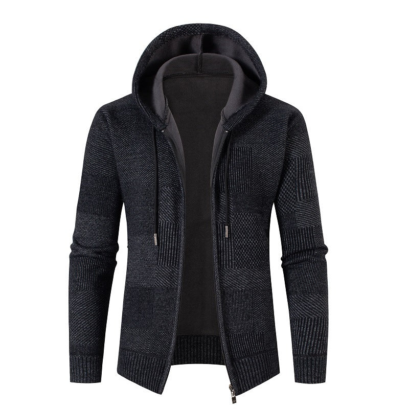 Herren Strick-Kapuzenjacke mit durchgehendem Reißverschluss, gefütterter Kapuze und strukturierter Patchwork-Optik Shop Nory