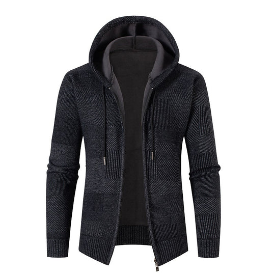 Herren Strick-Kapuzenjacke mit durchgehendem Reißverschluss, gefütterter Kapuze und strukturierter Patchwork-Optik Shop Nory