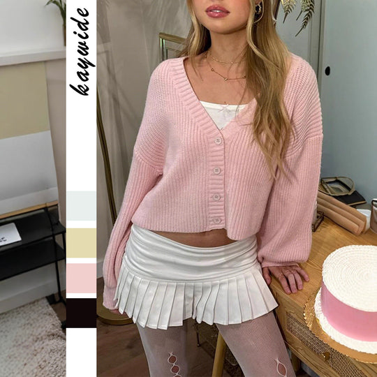 Damen nan kurzes Rippstrick-Cardigan mit Oversize-Balloonärmeln und Knopfleiste Shop Nory