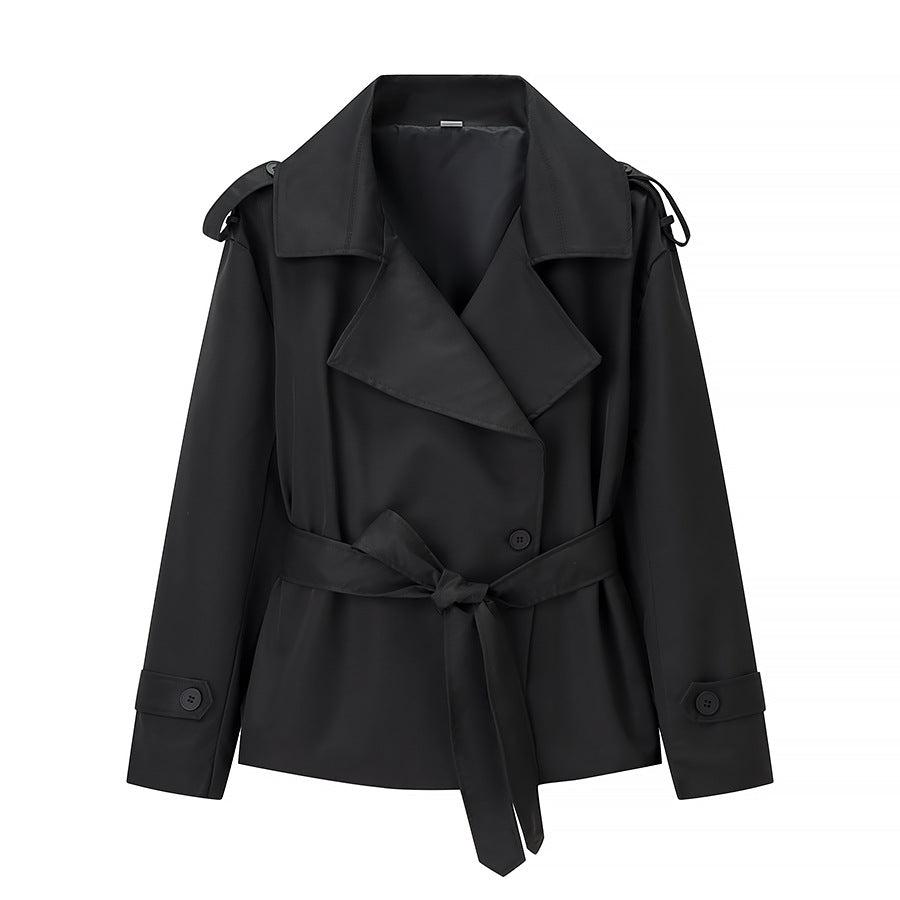 Damen Kurzgeschnittener taillierter Trenchcoat mit Bindegürtel und Schulterklappen Shop Nory