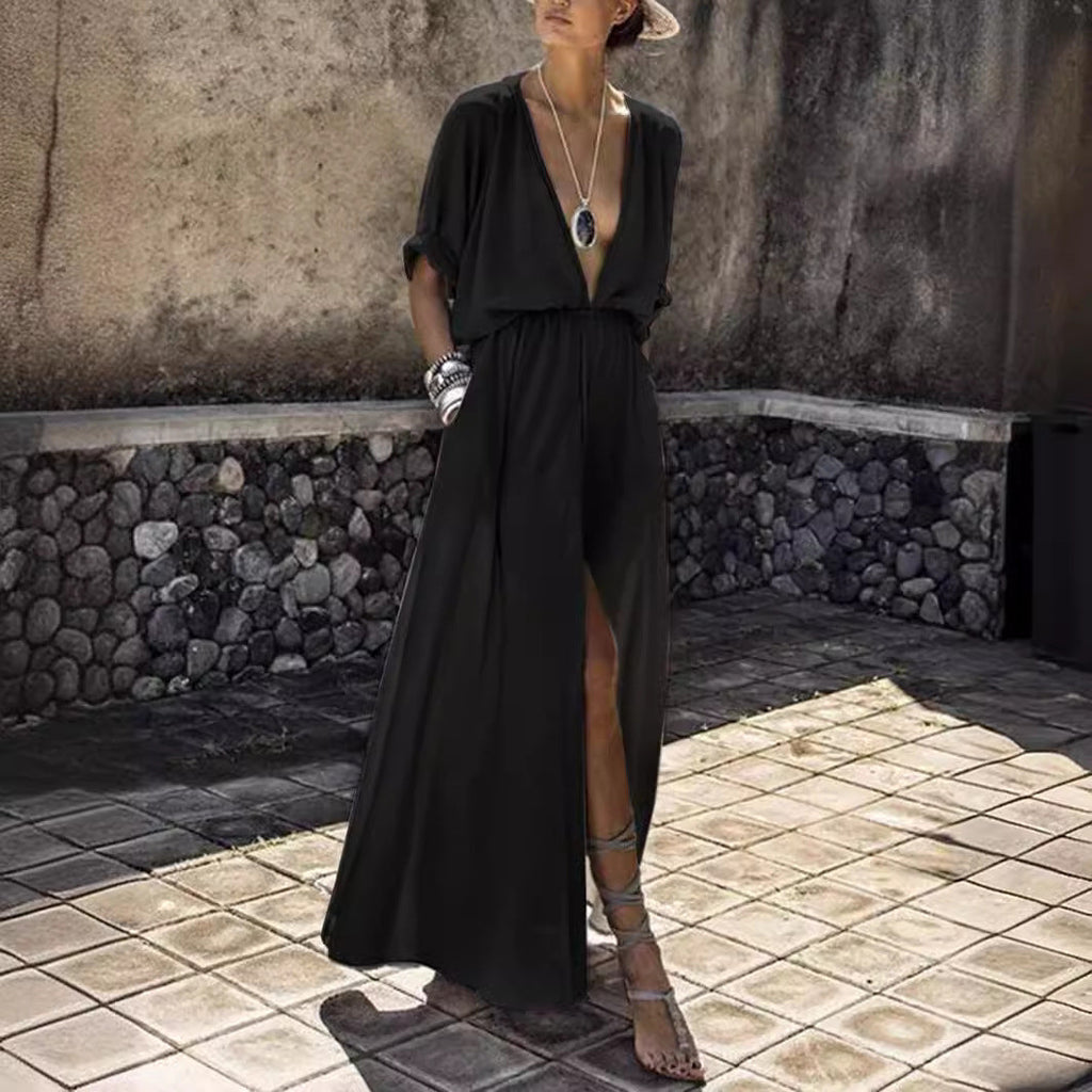 Damen Elegantes Maxikleid mit tiefem V-Ausschnitt und hohem Schlitz