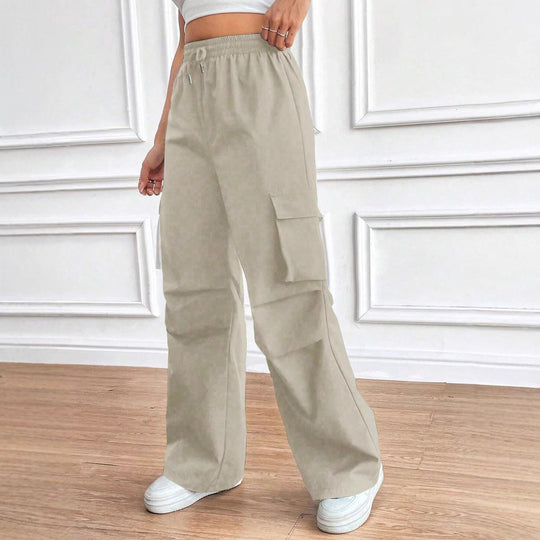 Damen Weite High‑Waist Cargo‑Hose mit Elastikbund und großen Klappentaschen Shop Nory