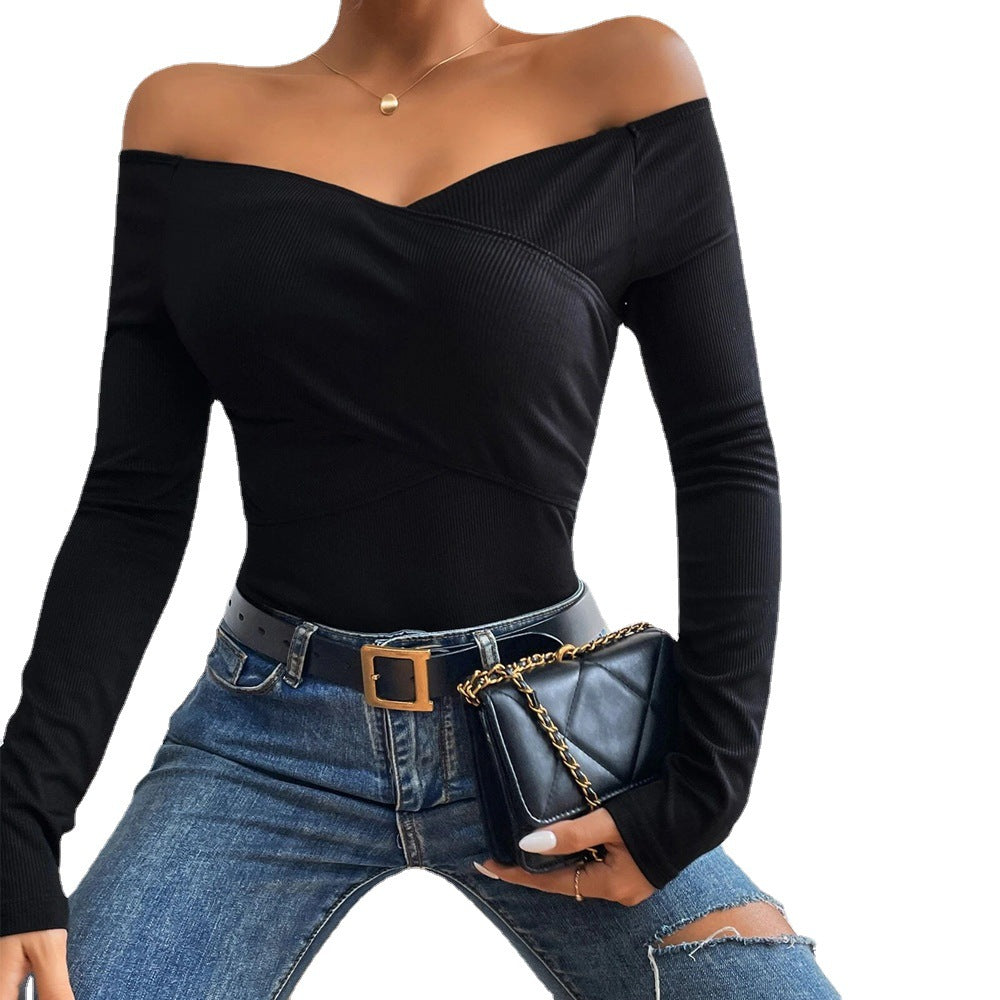 Damen schulterfreies Langarm-Rippstretch-Top mit Wickeloptik und figurbetonter Passform Shop Nory