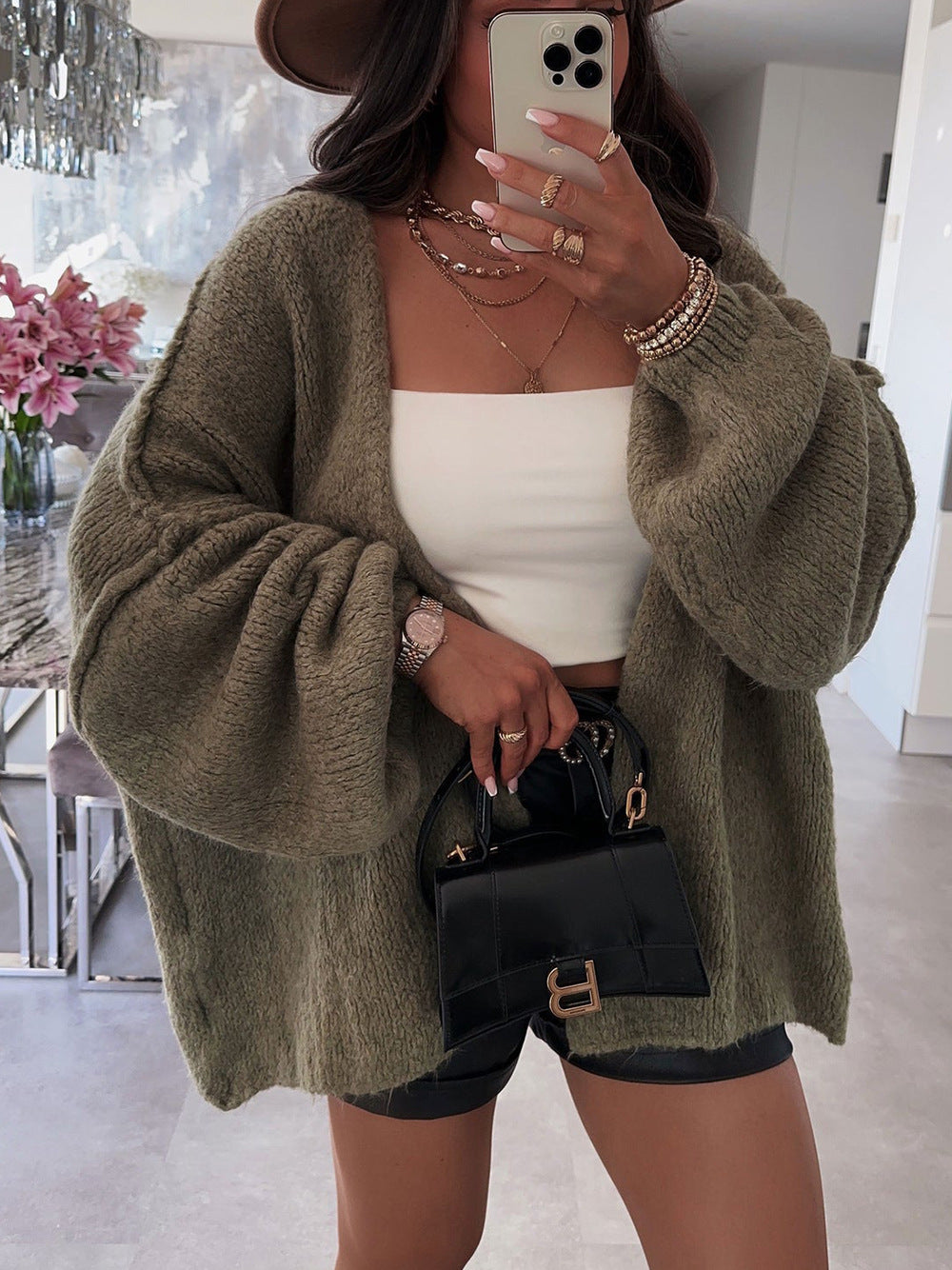 Damen oversized Strickjacke mit lässigen Ballonärmeln und strukturiertem Material