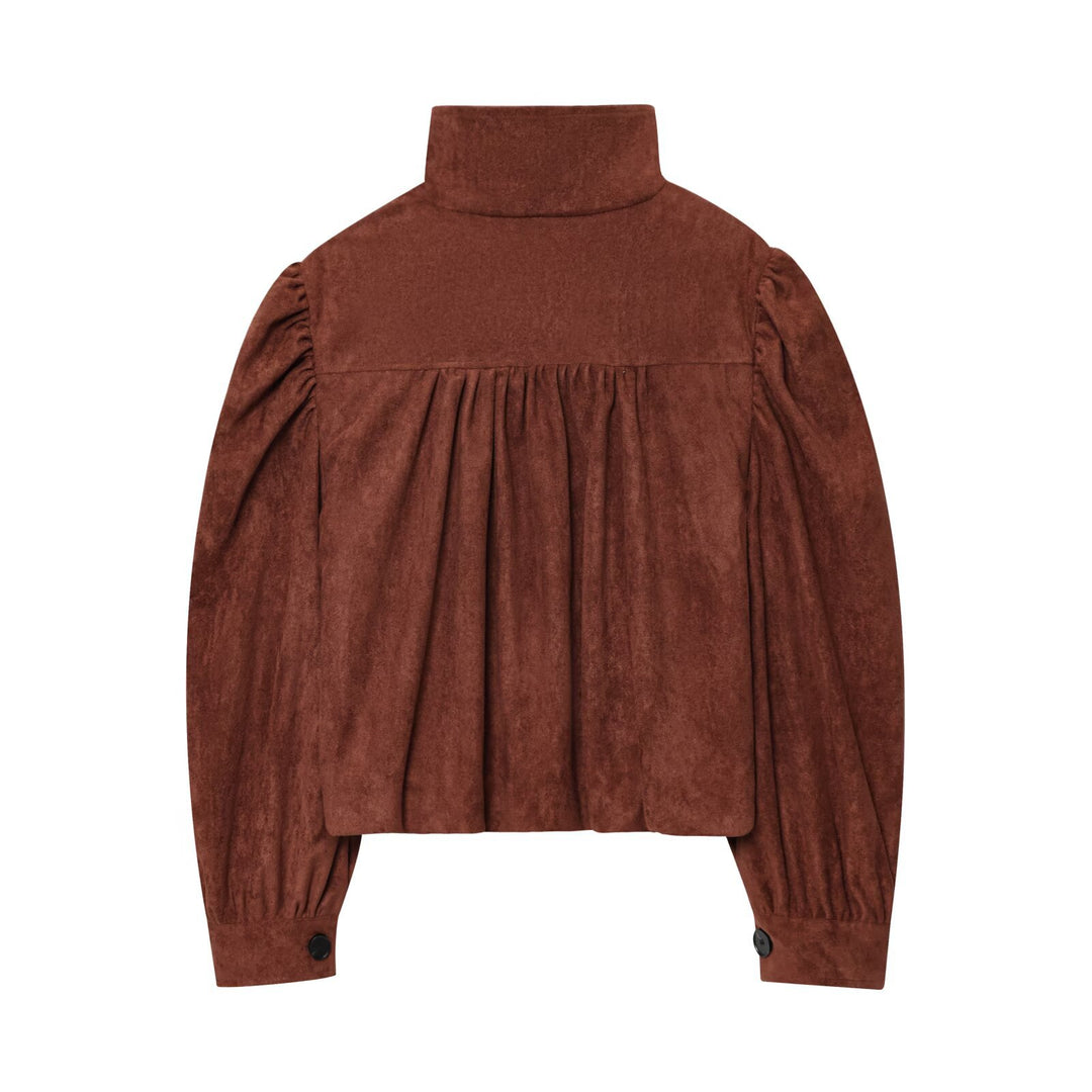 Damen Kurzjacke aus Velourslederimitat mit Stehkragen, gerafften Balloonärmeln und Knopfleiste Shop Nory
