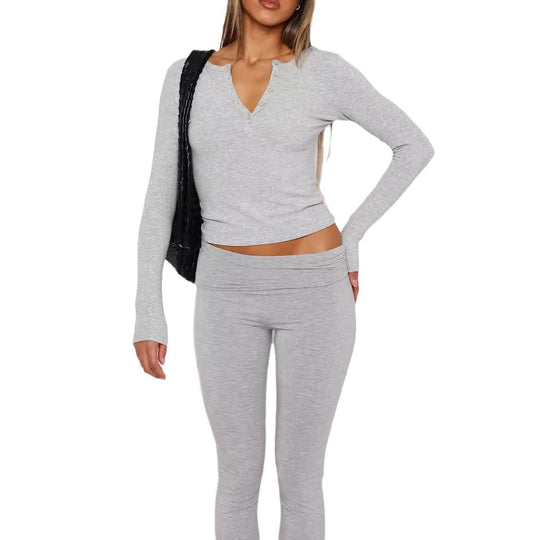 Damen Geripptes Langarm-Henley-Cropped-Shirt Shop Nory