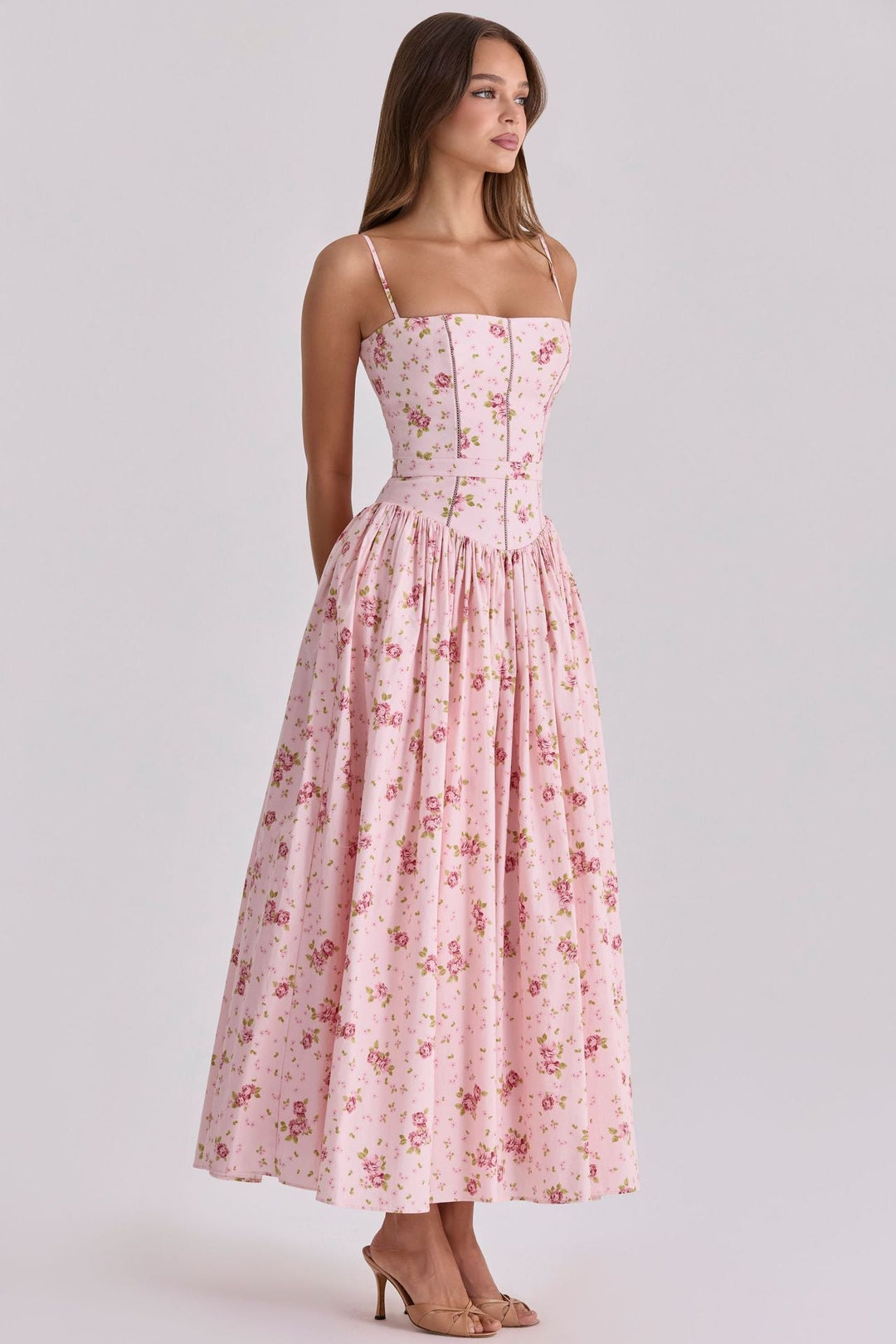 Damen Midi-Kleid mit verspielt floralen Details und Puffärmeln