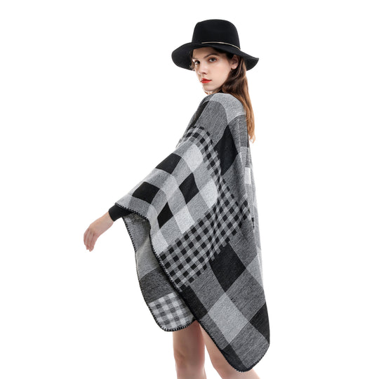 Damen Oversize-Umhang im Karomix aus Wollmix mit Häkelsaum Shop Nory