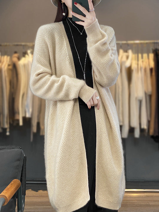 Damen Langer Offener Strickcardigan mit Samenmuster und gerippten Abschlüssen Shop Nory