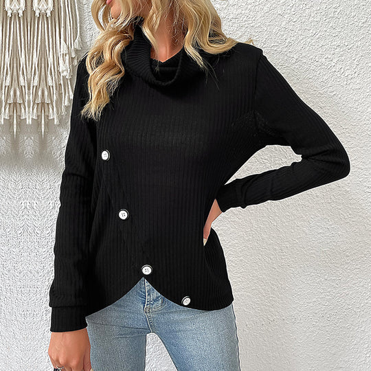 Damen gerippter Rollkragenpullover mit asymmetrischer Knopfleiste und taillierter Silhouette Shop Nory