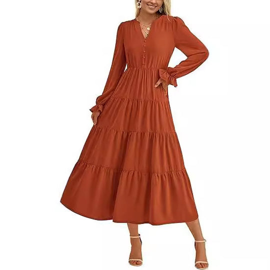 Damen Stufiges Midikleid mit V-Ausschnitt, geraffter Taillennaht und Rüschenmanschetten Shop Nory