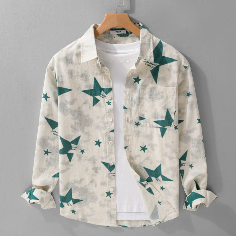Herren Lockeres Baumwoll-Blend Overshirt mit Stern-Print und Brusttasche Shop Nory