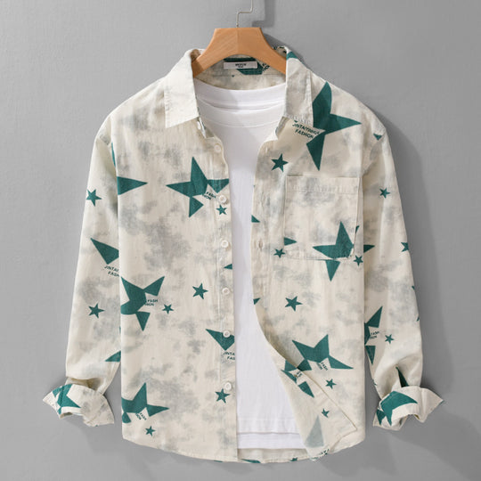 Herren Lockeres Baumwoll-Blend Overshirt mit Stern-Print und Brusttasche Shop Nory