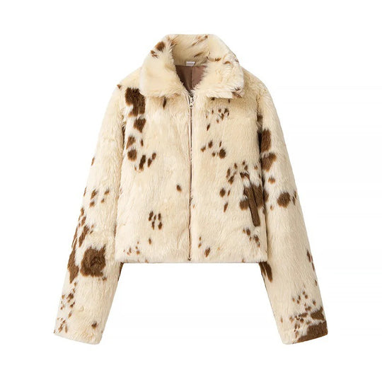 Damen Kurz geschnittene Cropped Kunstfelljacke mit Stehkragen und Fleckenmuster Shop Nory
