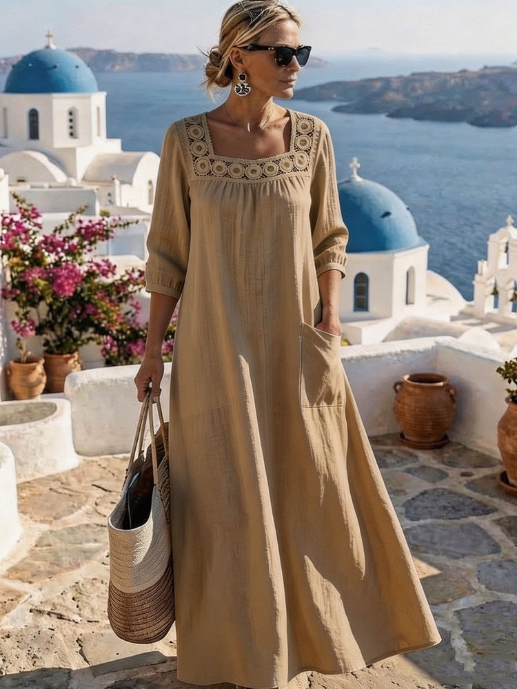 Damen Maxikleid mit gehäkeltem Quadrat-Ausschnitt, dreiviertel Ärmeln und Eingrifftasche Shop Nory