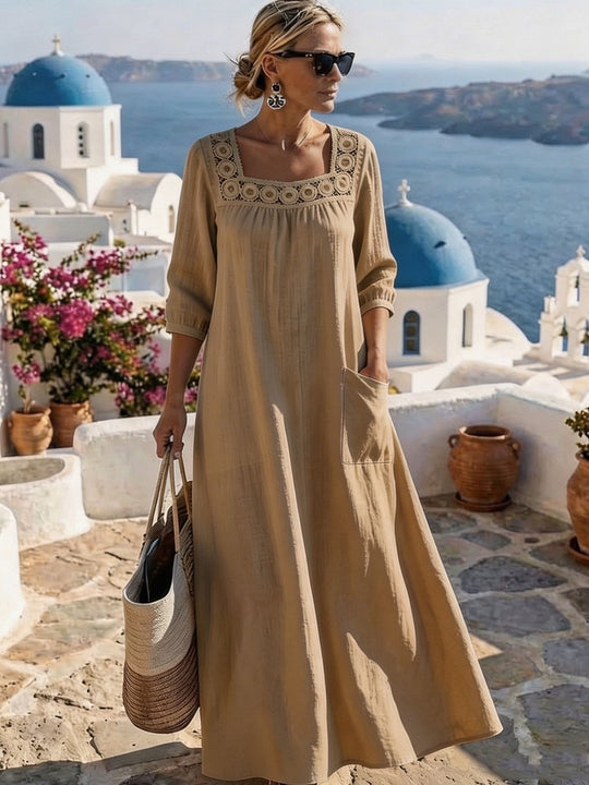 Damen Maxikleid mit gehäkeltem Quadrat-Ausschnitt, dreiviertel Ärmeln und Eingrifftasche Shop Nory