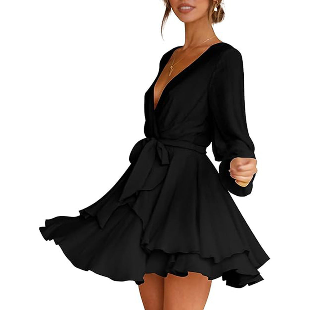 Damen gerafftes Wickelkleid mit tiefem V-Ausschnitt stufigem Volantrock und Bindegürtel Shop Nory