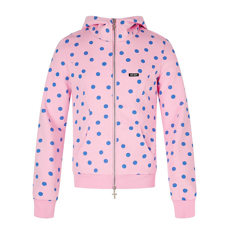 Damen Figurnahe Kapuzen‑Sweatjacke mit Punktmuster, Metall-Frontreißverschluss und Kängurutaschen Shop Nory