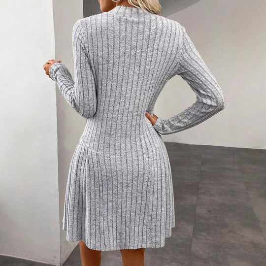 Damen Geripptes Strickkleid mit Frontreißverschluss und A-Linien-Silhouette Shop Nory
