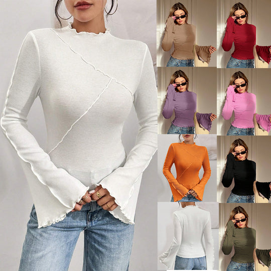 Damen Geripptes Langarmshirt mit Rüschen-Saum und Stehkragen Shop Nory