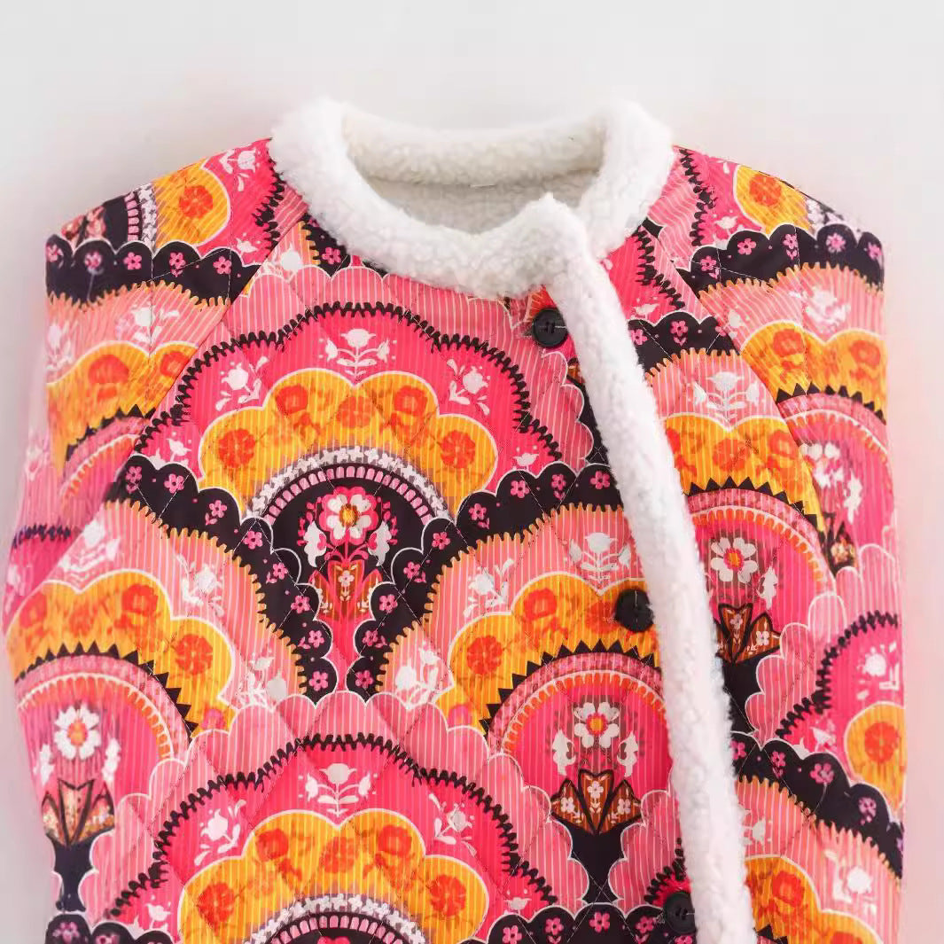 Damen gesteppte Jacke mit Teddyfutter und retro-inspiriertem Allover-Print Shop Nory