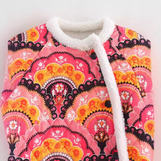 Damen gesteppte Jacke mit Teddyfutter und retro-inspiriertem Allover-Print Shop Nory