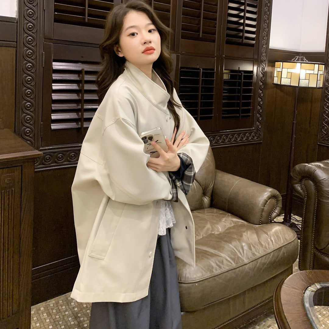 Damen Oversized Kurzmantel mit Stehkragen und kariertem Ärmelfutter Shop Nory
