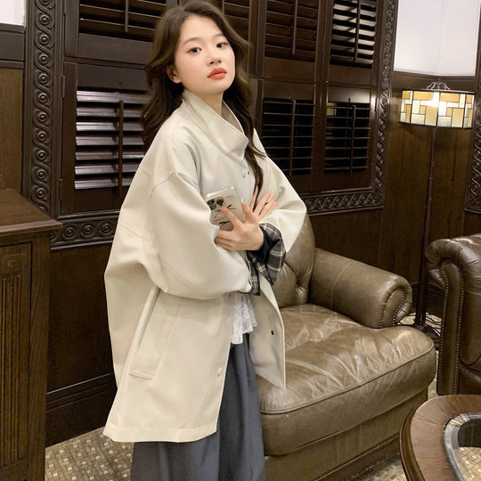 Damen Oversized Kurzmantel mit Stehkragen und kariertem Ärmelfutter Shop Nory